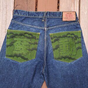 Vintage RMC Jeans Men's Graphic Navy and Blue Jeans Size 34x32